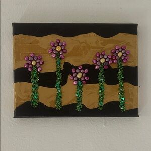 Handmade Pink Floral Glitter Wall Art Canvas